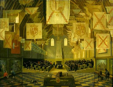 Interior of the Great Hall on the Binnenhof in The Hague, during the Great Assembly of the States-General in 1651. Free illustration for personal and commercial use.