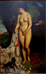 Bather with a Griffon Dog, Lise on the Bank of the Seine, by Pierre-Auguste Renoir, 1870, oil on canvas - Museu de Arte de São Paulo - DSC07239. Free illustration for personal and commercial use.