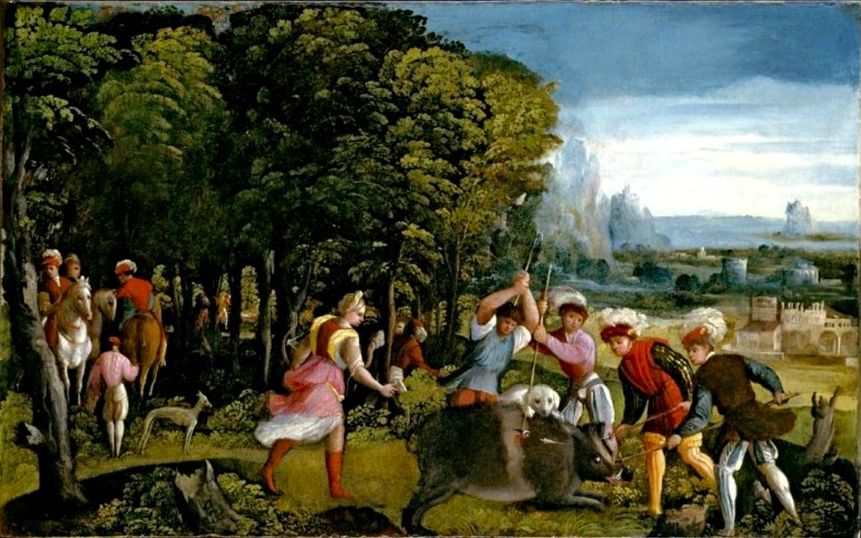 Battista Dossi - 'The Hunt of the Calydonian Boar', oil on wood, after 1520, El Paso Museum of Art
