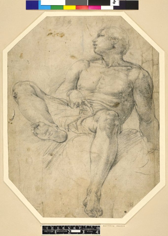 Battista Franco - A seated nude youth; WL, head in profile to l, his r leg raised, Pp,2.123