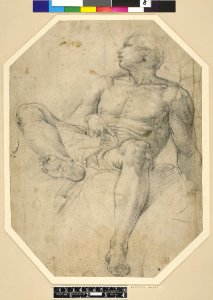 Battista Franco - A seated nude youth; WL, head in profile to l, his r leg raised, Pp,2.123