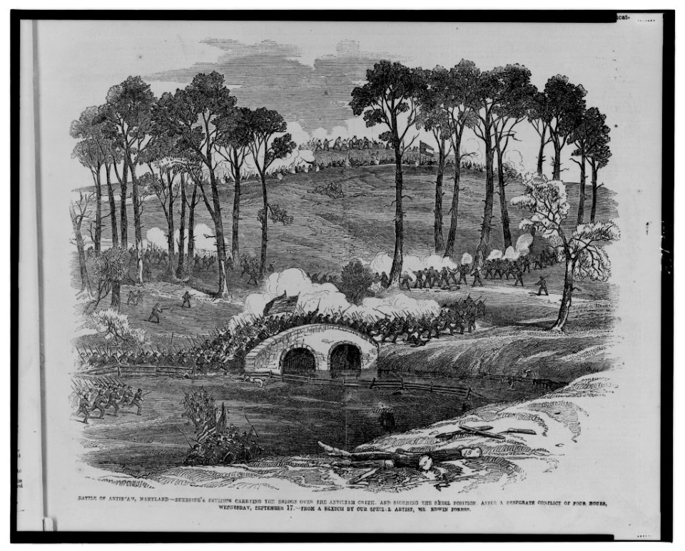 Battle of Antietam, Maryland-Burnside's division carrying the bridge over the Antietam Creek, and storming the Rebel position, after a desperate conflict of four hours, Wednesday, September LCCN00652060