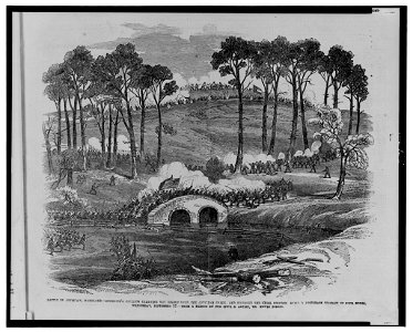 Battle of Antietam, Maryland-Burnside's division carrying the bridge over the Antietam Creek, and storming the Rebel position, after a desperate conflict of four hours, Wednesday, September LCCN00652060