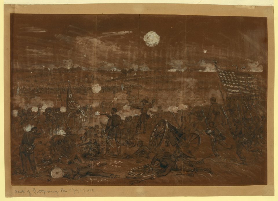 Battle of Gettysburg. Longstreet's attack upon the left center of the Union lines. Blue Ridge in distance LCCN2004660443