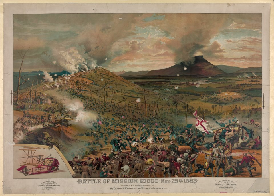Battle of Mission (i.e., Missionary) Ridge, Nov. 25th, 1863 - presented with the compliments of the McCormick Harvesting Machine Company - Cosack & Co. lith., Buffalo & Chicago. LCCN96502868