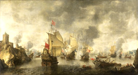 Battle of the combined Venetian and Dutch fleets against the Turks in the Bay of Foja 1649 (Abraham Beerstratenm, 1656). Free illustration for personal and commercial use.