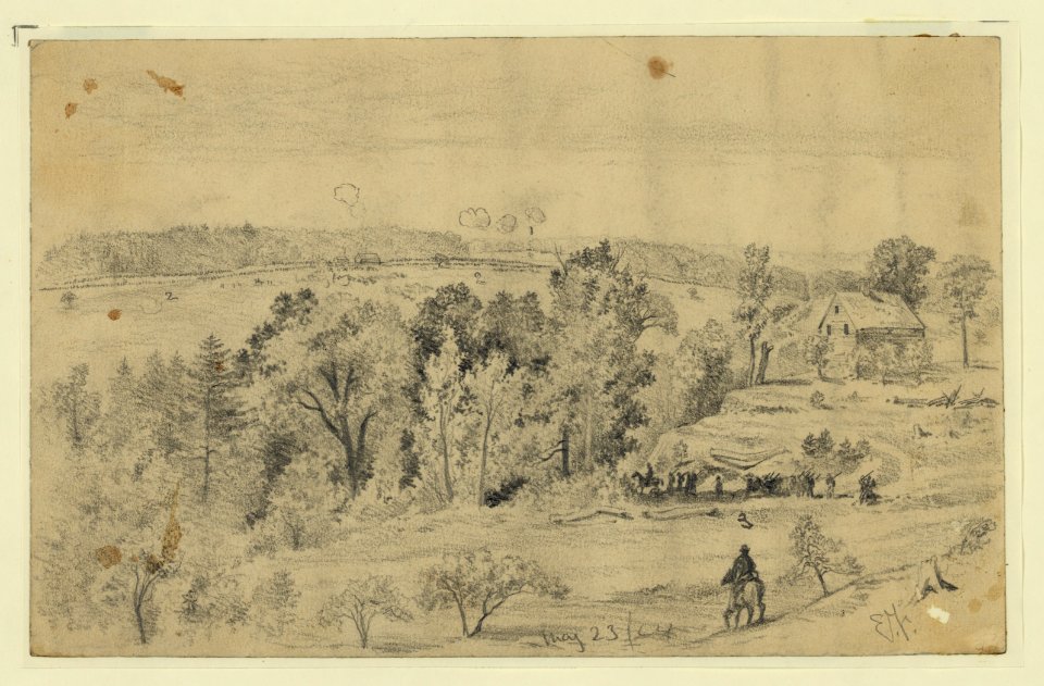 Battle of the North Anna, from the hill above Jerico Ford showing Confederate lines, Union line, and road to Jerico Ford, Virginia) - E.F LCCN2004661882