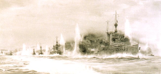 Battlecruisers and the 5th Battle Squadron in action at Jutland, 31 May 1916, about 17.00-1730 RMG PW2215