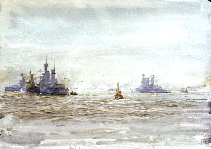 Battlecruisers at anchor, probably in the Firth of Forth, with a tug and other vessels RMG PV0075