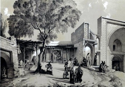 Bazaar and mosque entrance , Qazvin by Eugène Flandin
