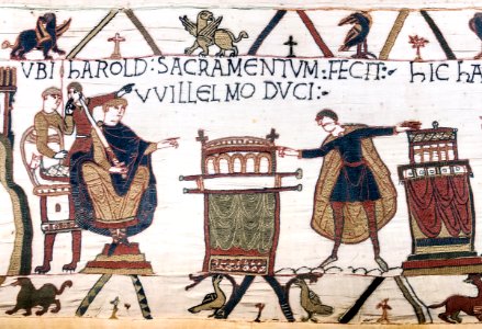 Bayeux Tapestry scene23 Harold sacramentum fecit Willelmo duci. Free illustration for personal and commercial use.