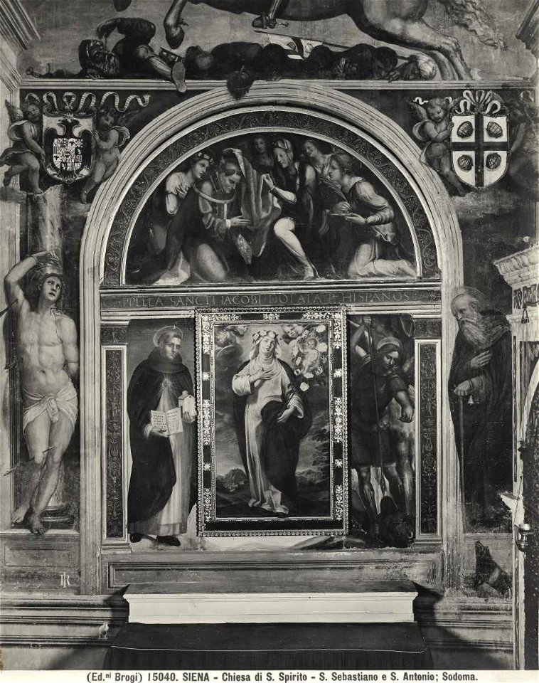 Bazzi Giovanni Antonio, Maria Vergine dona la pianeta a sant'Ildefonso con santa Lucia, santa Cecilia e due angeli, San Nicola da Tolentino, San Michele Arcangelo, 39713