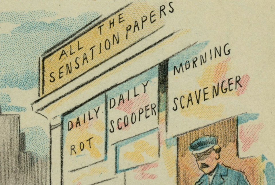 ALL THE SENSATION PAPERS DAILY ROT DAILY SCOOPER MORNING SCAVENGER Criticism of journalism in 1897 art detail, from- The new journalism beats him - Ehrhart. LCCN2012647654 (cropped)