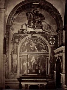 Bazzi Giovanni Antonio, Visione di sant'Ildefonso, San Nicola da Tolentino, San Michele Arcangelo, Apparizione di san Giacomo Maggiore nella battaglia di Clavijo, San Sebastiano, sant'Antonio Abate e putti reggistemma, 39710