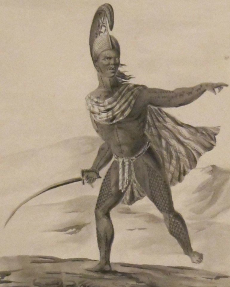 Aniheneho. L'un des Premiers Officiers de Tahmahamah pen and ink wash over graphite by Jacques Arago, 1819, Honolulu Academy of Arts (cropped)