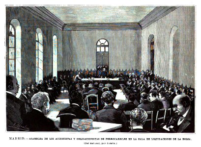 1894-06-08, La Ilustración Española y Americana, Madrid, Asamblea de los accionistas y obligacionistas de ferrocarriles en la sala de liquidaciones de la Bolsa