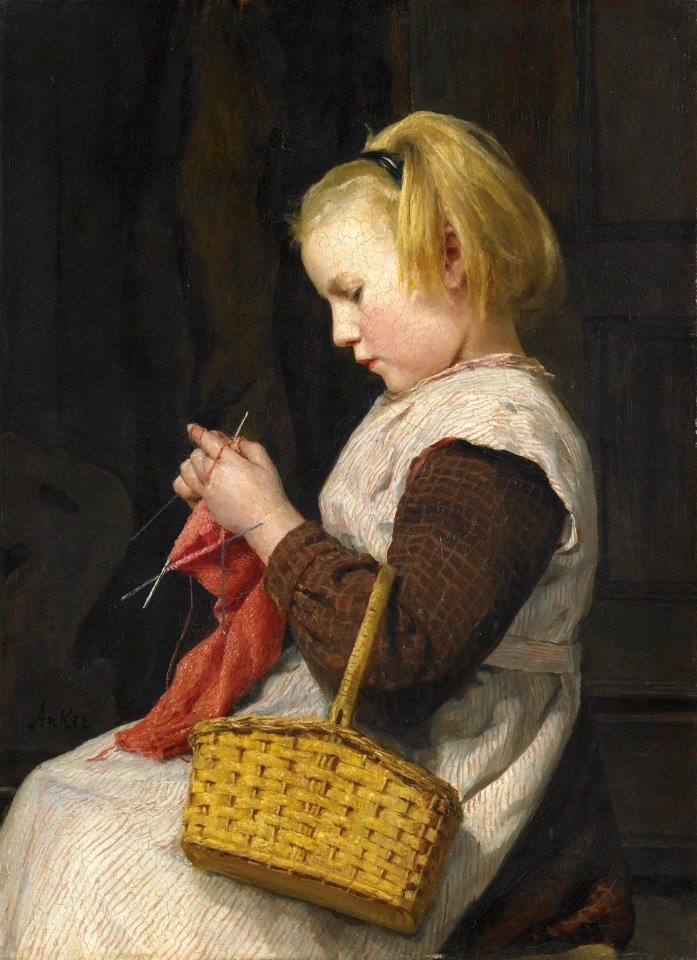 Albert Anker - Strickendes Mädchen mit Korb