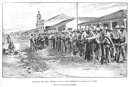1896-02-03, La Ilustración Artística, Tropas españolas en el momento de pasar lista en Colón, Passos