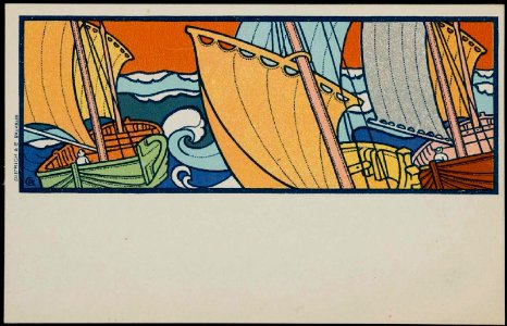 Gisbert Combaz - Postcard of fishing boats assail. Free illustration for personal and commercial use.