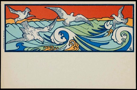 Gisbert Combaz - Postcard of seagulls in the waves. Free illustration for personal and commercial use.