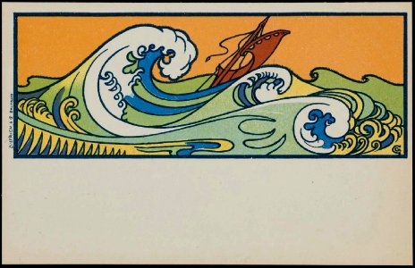 Gisbert Combaz - Postcard of a boat in the waves. Free illustration for personal and commercial use.