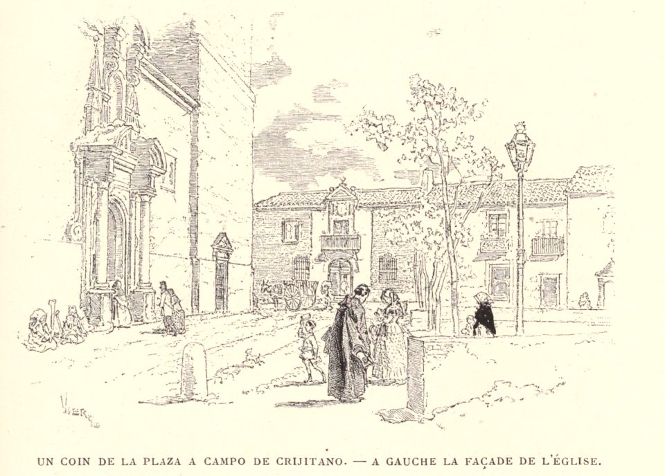 1901, Au pays de Don Quichotte, Un coin de la plaza a Campo de Crijitano, a gauche la facade de l'église, Vierge