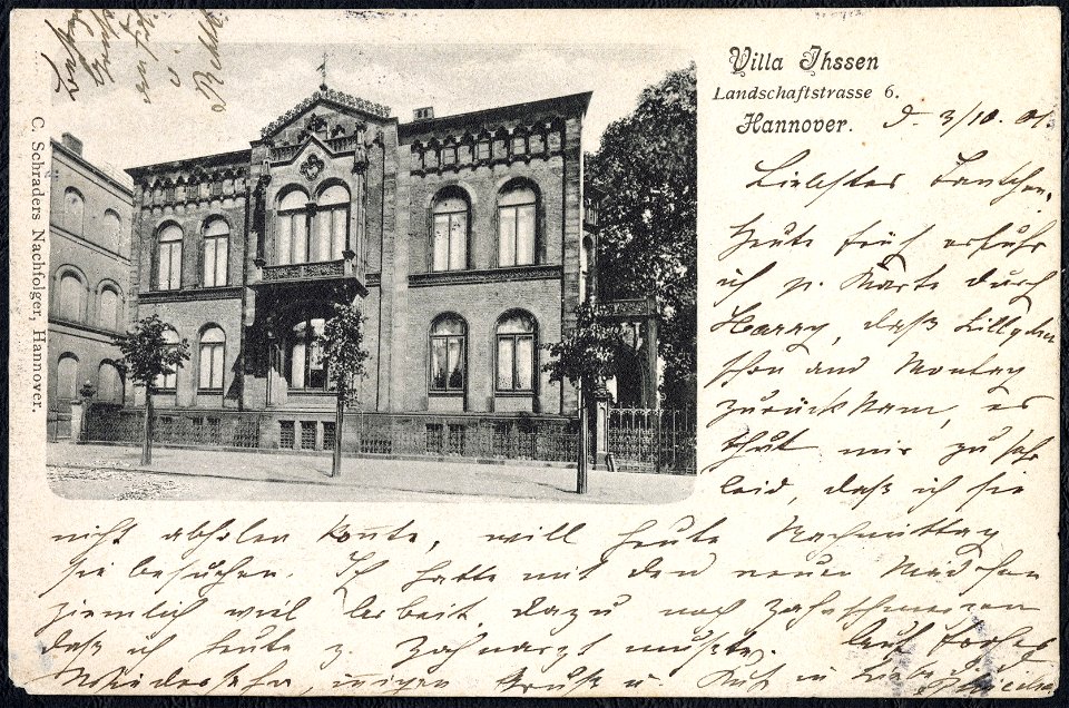 1901-10-03 C. Schraders Nachfolger Ansichtskarte Villa Ihssen Landschaftstrasse 6 Hannover, Bildseite