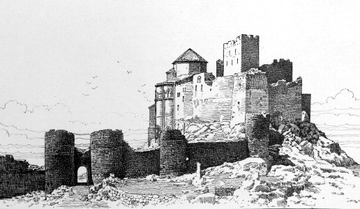 1905, El castillo de Loarre y el Alcázar de Segovia, Castillo de Loarre, Vista general de las murallas y de la fortaleza (cropped)