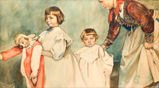 Julian Fałat - Dzieci artysty z niańką 1906. Free illustration for personal and commercial use.