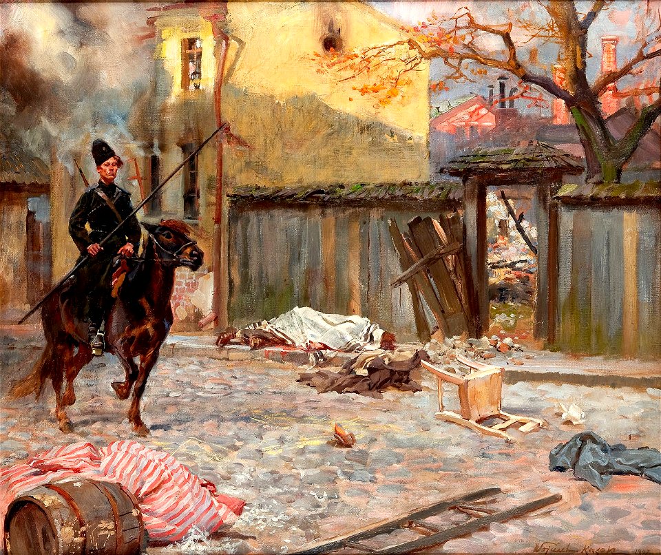 Wojciech Kossak - Scena z rosyjskiego miasteczka z kozakiem