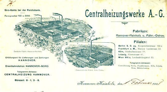 1908-02-01 Centralheizungswerke AG Briefkopf Fabriken Hannover-Hainholz und Mährisch-Ostrau (Moravská Ostrava), Ausschnitt