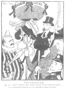 1908-03-08, Gedeón, Piñata de este año en el gran baile de máscaras parlamentarias, Sancha. Free illustration for personal and commercial use.
