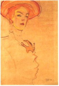 Schiele - Bildnis einer Dame mit orangefarbenen Hut - 1910