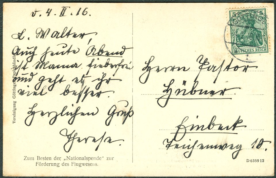 1911-07-09 Dr. med. Wilhelm Riedel Luftbildfotografie Ballon Hannover Mittelpunkt von Göttingen, Adressseite