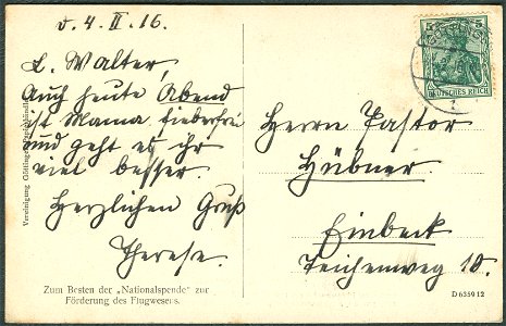 1911-07-09 Dr. med. Wilhelm Riedel Luftbildfotografie Ballon Hannover Mittelpunkt von Göttingen, Adressseite