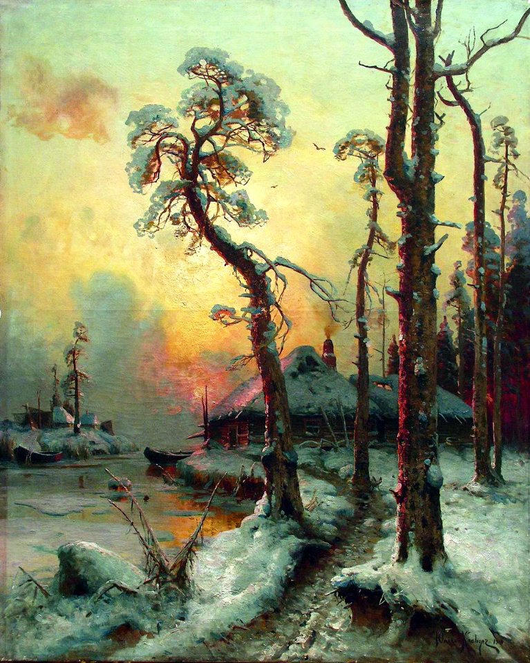 1914. Зимний пейзаж с рекой и домами