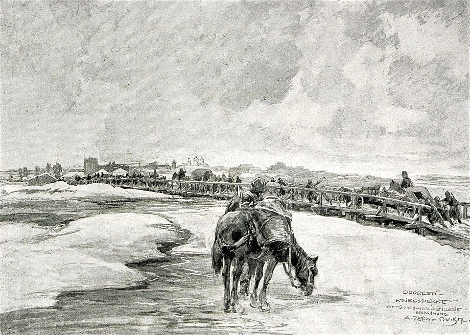 1916 - Albert Reich - Odobesti, artilerie turca trecand Milcovul pe un pod improvizat p76