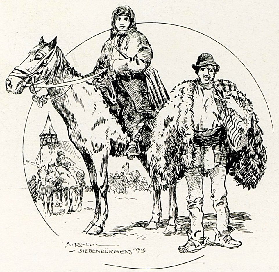1916 - Albert Reich - Transilvania, tarani romani mergand la targ, Sibiu p13