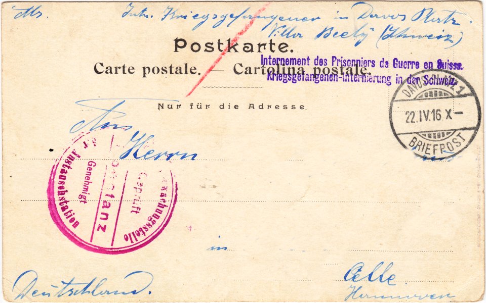1916-04-22a Kriegsgefangenpostkarte aus Davos