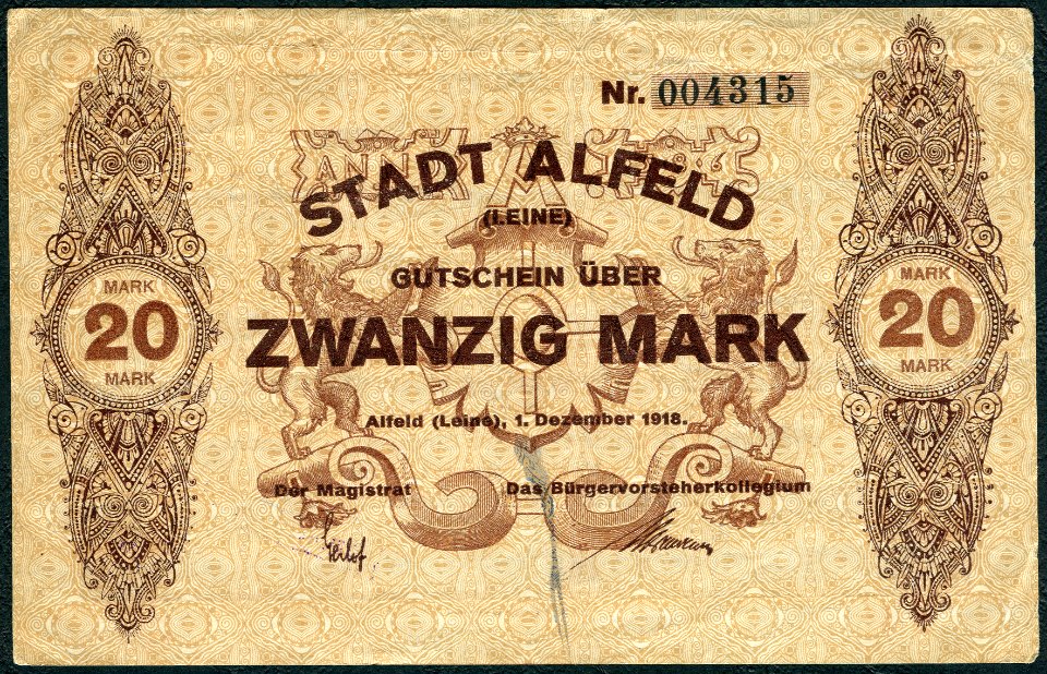 1918-12-01 Stadt Alfeld (Leine) Gutschein über 20 Mark Unterschrift Der Magistrat Das Bürgervorsteherkollegium