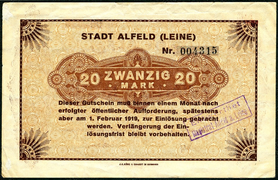 1918-12-01 Stadt Alfeld (Leine) Gutschein über 20 Mark ... am 1. Februar 1919 zur Einlösung ... J. C. König & Ebhardt in Hannover, Entwertet Stempel