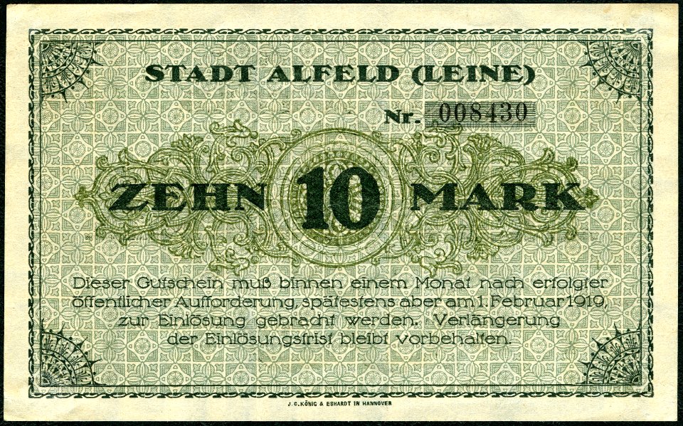 1918-12-01 Stadt Alfeld (Leine) Gutschein über 10 Mark ... am 1. Februar 1919 zur Einlösung ... J. C. König & Ebhardt in Hannover