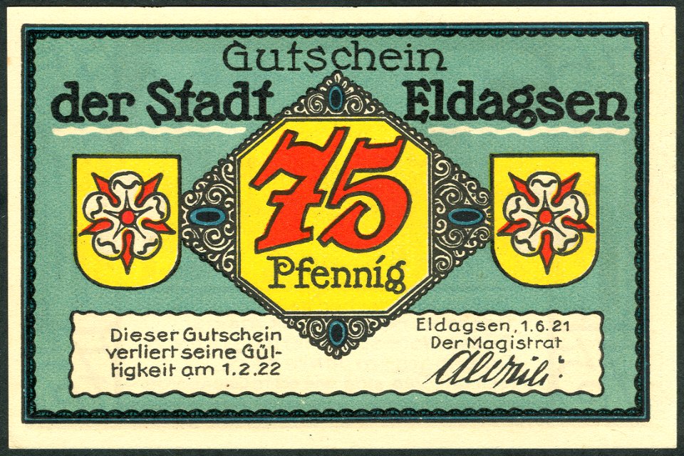 1921-06-01 Gutschein der Stadt Eldagsen, 0,75 Mark 75 Pfennig, gültig bis 1. Februar 1922, a, faksimilierte Unterschrift der Magistrat