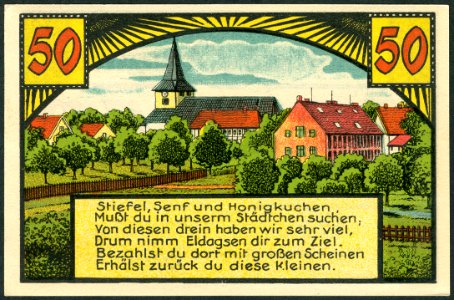 1921-06-01 Gutschein der Stadt Eldagsen, 0,50 Mark 50 Pfennig, gültig bis 1. Februar 1922, a, Kirche St. Alexandri, Pfarrhaus und Schule an Stelle von Kloster Marienthal, Am Wöhlbach 9, Stiefel, Senf und Honigkuchen