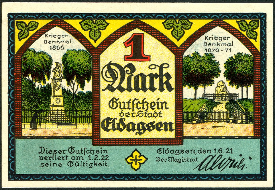 1921-06-01 Gutschein der Stadt Eldagsen, 1Mark, gültig bis 1. Februar 1922, a, faksimilierte Unterschrift der Magistrat, Langensalza-Denkmal, Kriegerdenkmal
