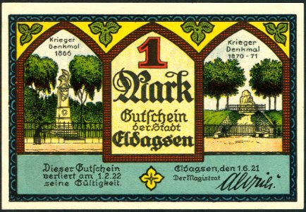 1921-06-01 Gutschein der Stadt Eldagsen, 1Mark, gültig bis 1. Februar 1922, a, faksimilierte Unterschrift der Magistrat, Langensalza-Denkmal, Kriegerdenkmal