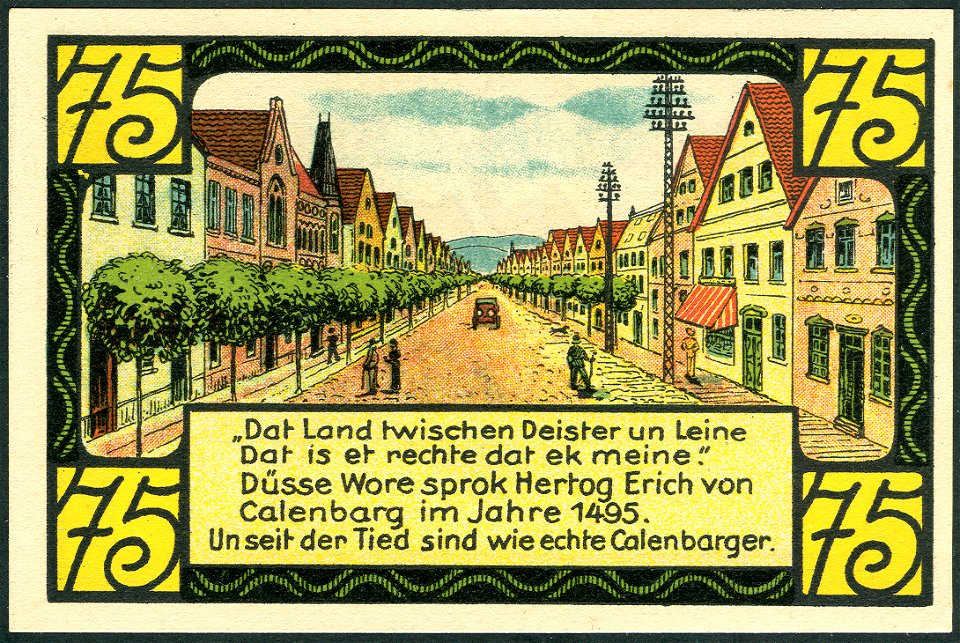 1921-06-01 Gutschein der Stadt Eldagsen, 0,75 Mark 75 Pfennig, gültig bis 1. Februar 1922, b, Lange Straße mit Rathaus und Postgebäude
