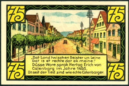 1921-06-01 Gutschein der Stadt Eldagsen, 0,75 Mark 75 Pfennig, gültig bis 1. Februar 1922, b, Lange Straße mit Rathaus und Postgebäude