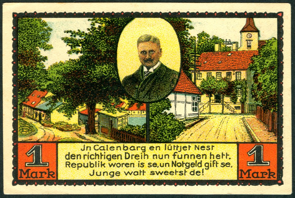 1921-06-01 Gutschein der Stadt Eldagsen, 1Mark, gültig bis 1. Februar 1922, d, Mühle am Bach, Bürgermeister Joachim de Vries, Kirchhofstraße, Am Wöhlbach, Kirche St. Alexandri