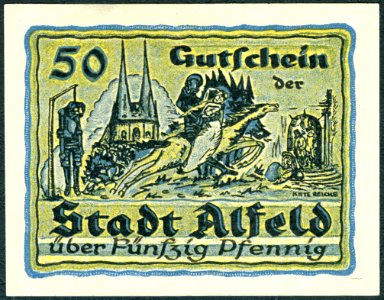 1919-06-18 Stadt Alfeld (Leine) Gutschein über 0,50 Mark fünzig Pfennig Käte Reiche Galgen Gehängter Ritter Kirche St. Nicolai Reiter Frau Pferd